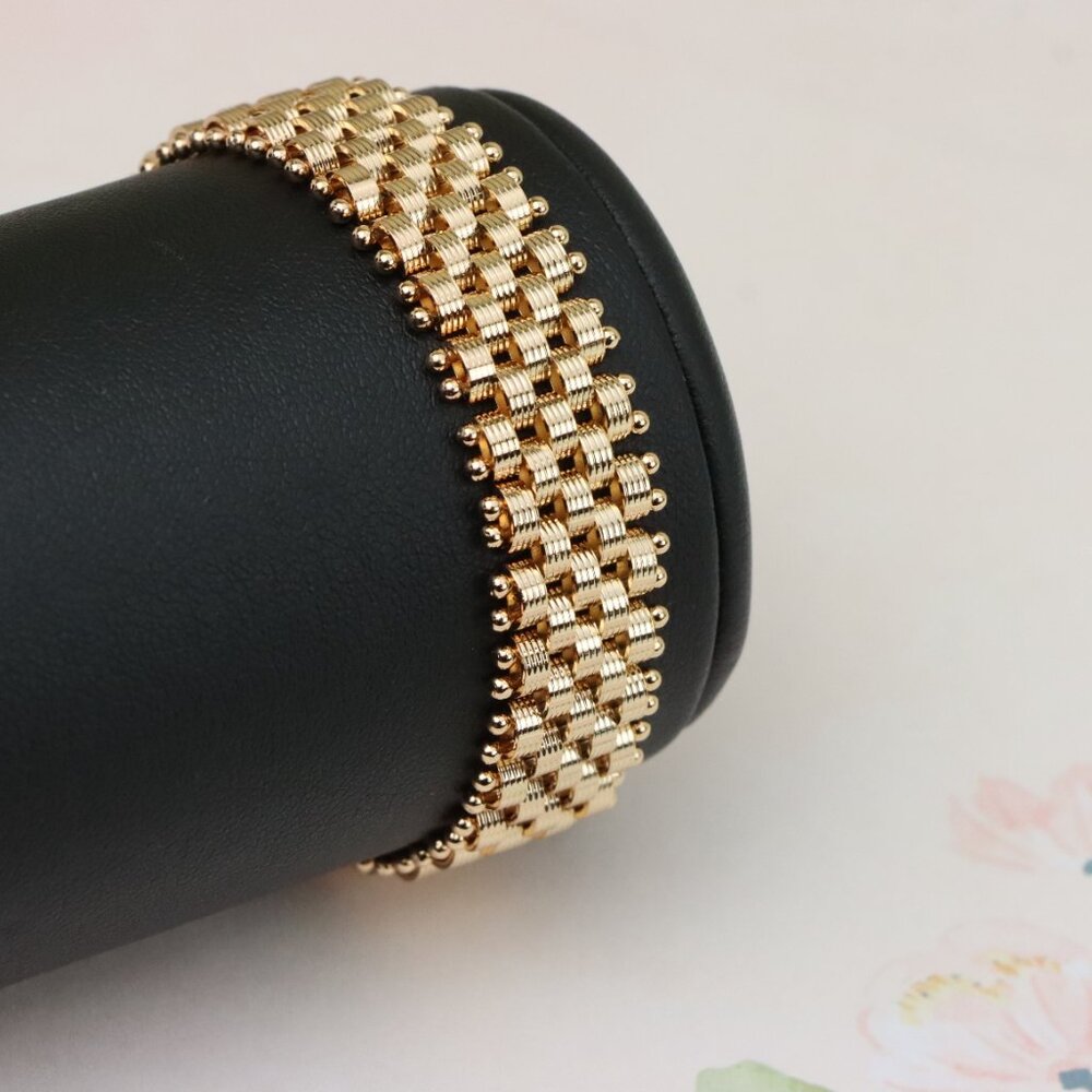 "Elegant Rose Gold Wide Chain Bracelet with Beaded Edge Design, XPBL0866 - Picture 4 of 12